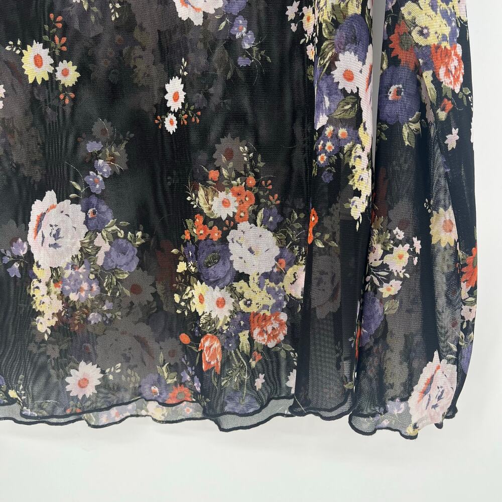 White Birch Sheer Floral Mesh Mock Neck Top Dark Floral Long Sleeve Large - Picture 6 of 7